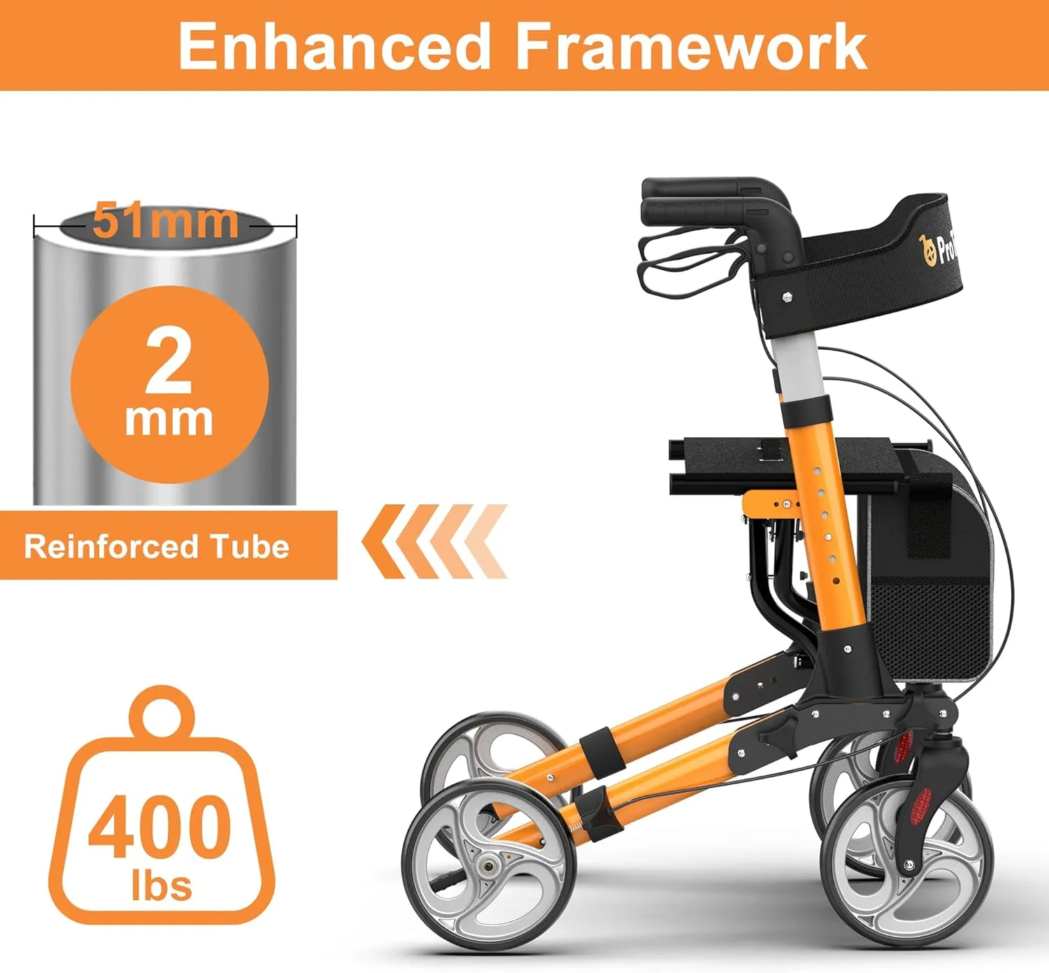 Walkers for Seniors,rollator Walker with seat,Lightweight Foldable All Terrain Rolling Walker,Adjustable Height,Rollator with Large Wheels,Walker Rollator with Seat,Orange