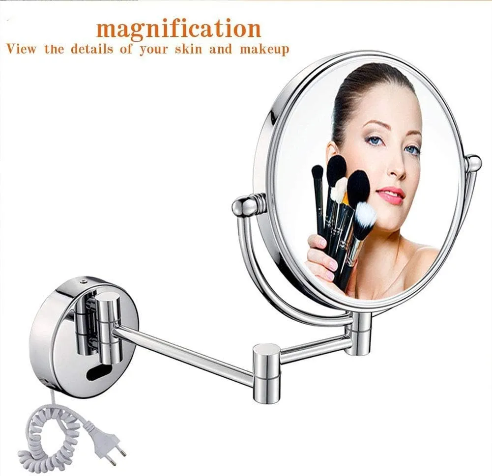Wall Mounted Makeup Mirror with 3X Magnification, Makeup Mirror with LED Lights for Girls, 8 Inches, 360 Degree Swivel, Two-Sided Extendable, Bathroom and Hotel, Smart Sensor(Plug)