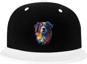 Watercolor Colorful Australian Shepherd Color-Block Flat Brim Snapback Cap for Men & Women, Adjustable Hip-Hop Hat White