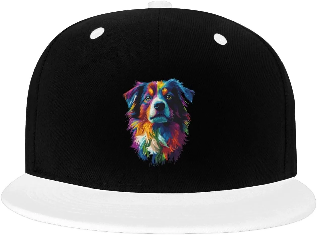 Watercolor Colorful Australian Shepherd Color-Block Flat Brim Snapback Cap for Men & Women, Adjustable Hip-Hop Hat White