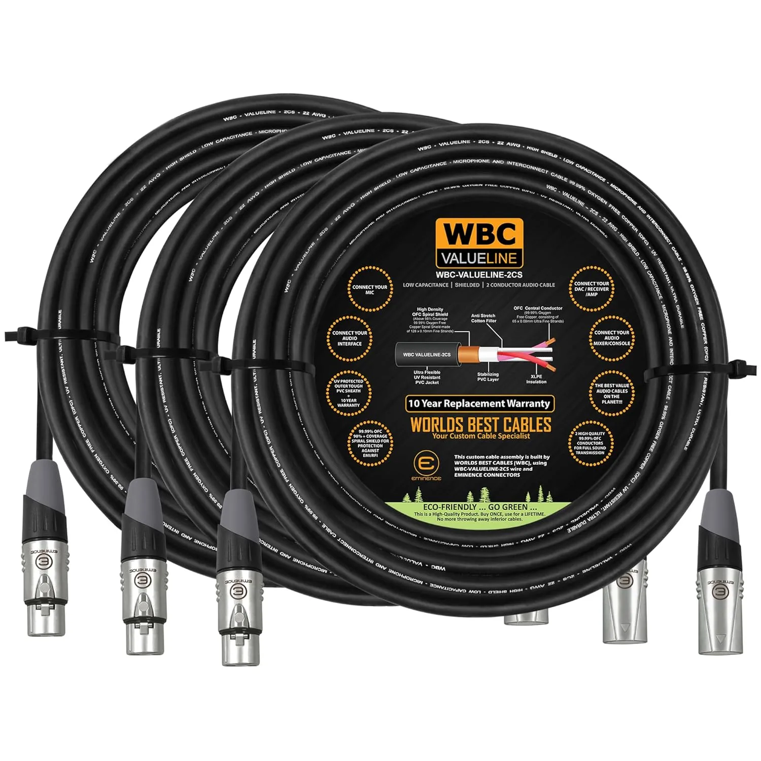 WBC-VALUELINE-2CS (22 AWG) - 3 Units - 50 Foot–Low-Capacitance Shielded Balanced Flexible Microphone, Active-Speaker & Interconnect Cables with Eminence Gold XLR Connectors