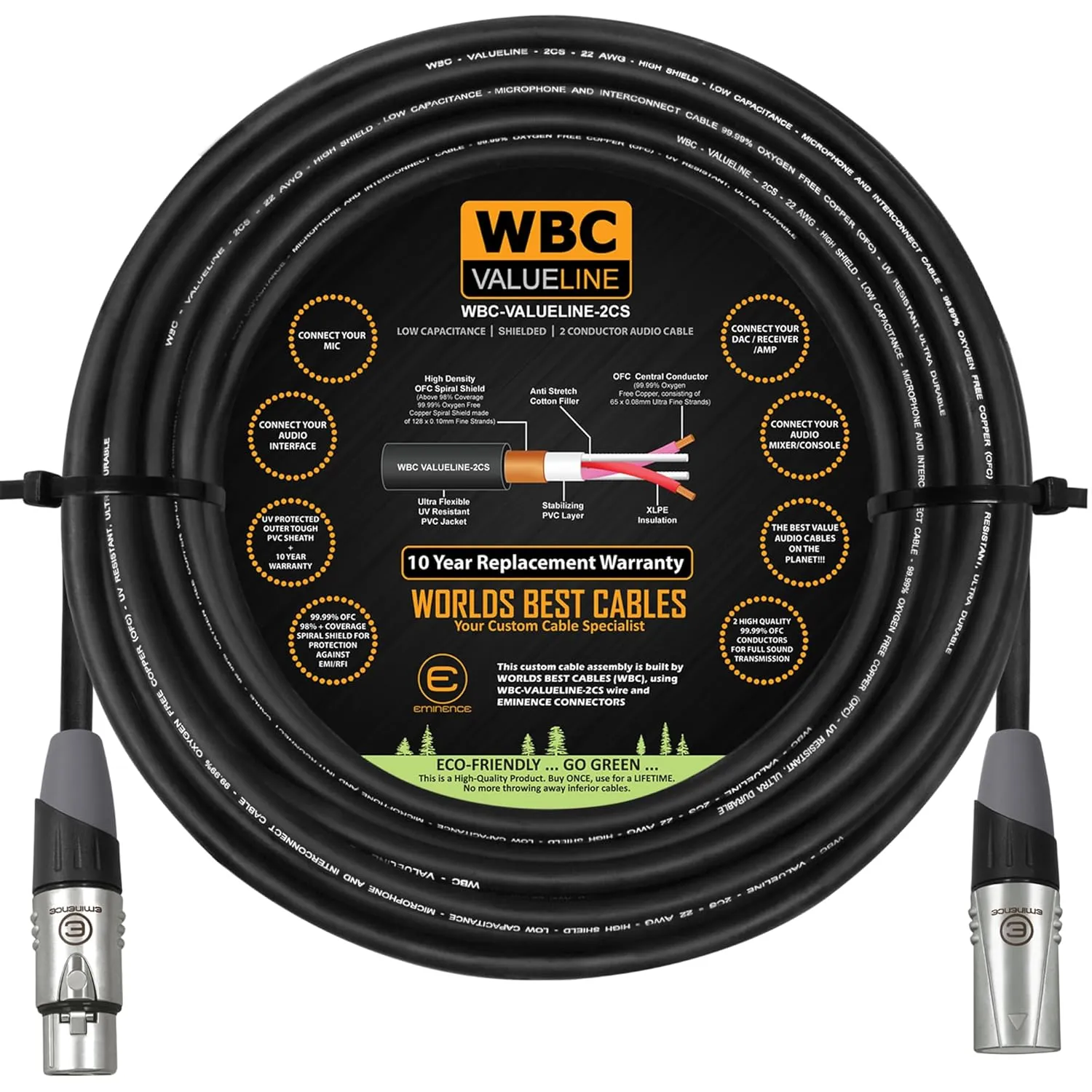 WBC-VALUELINE-2CS (22 AWG) - 50 Foot–Low-Capacitance Shielded Balanced Flexible Microphone, Active-Speaker & Interconnect Cables with Eminence Gold XLR Connectors
