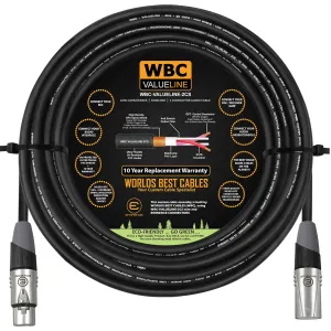WBC-VALUELINE-2CS (22 AWG) - 50 Foot–Low-Capacitance Shielded Balanced Flexible Microphone, Active-Speaker & Interconnect Cables with Eminence Gold XLR Connectors