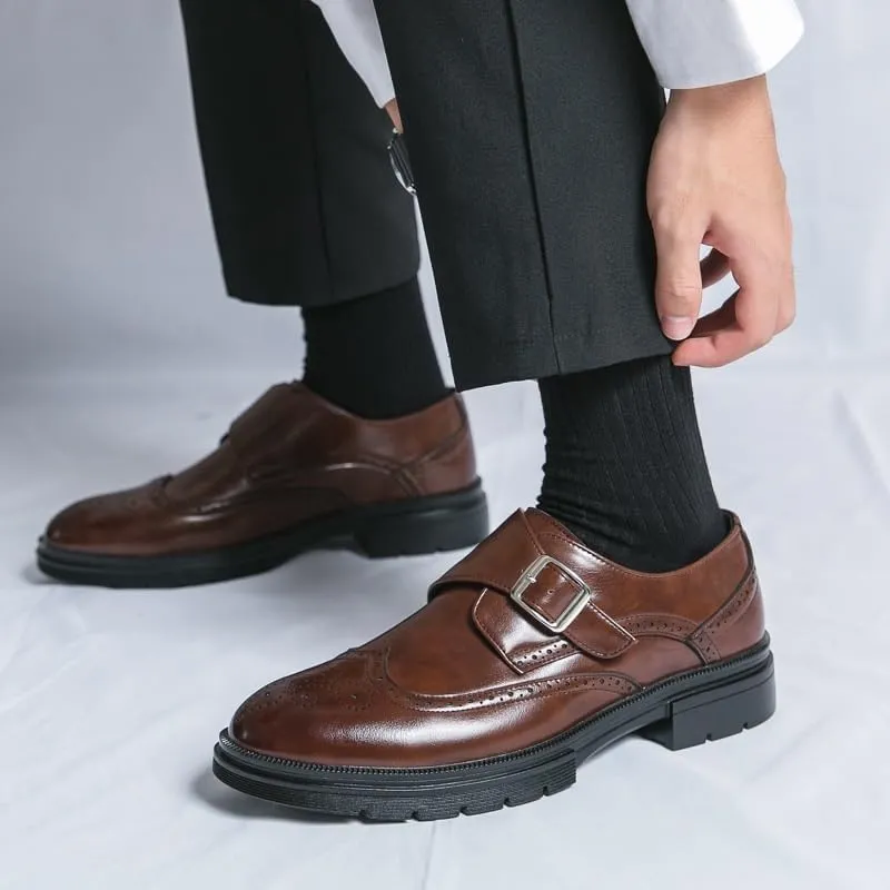 Wedding Social Shoes for Men Men's Genuine Leather Italian Wingtip Oxfords Monk Strap Buckle Brogue