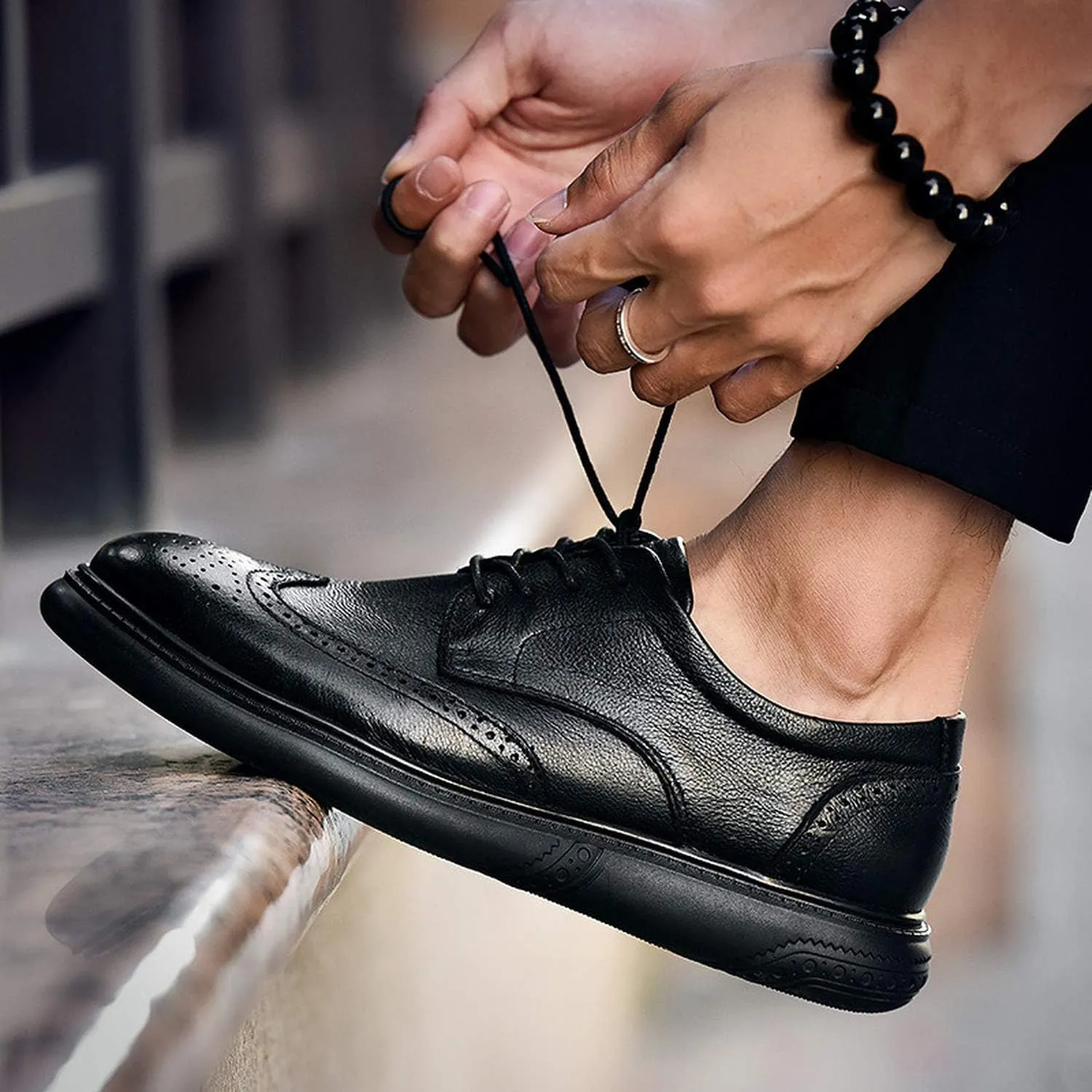 WENJHEN Men's Brogue Genuine Leather Shoes, Lace Up Formal Dress Flat Oxfords Shoes