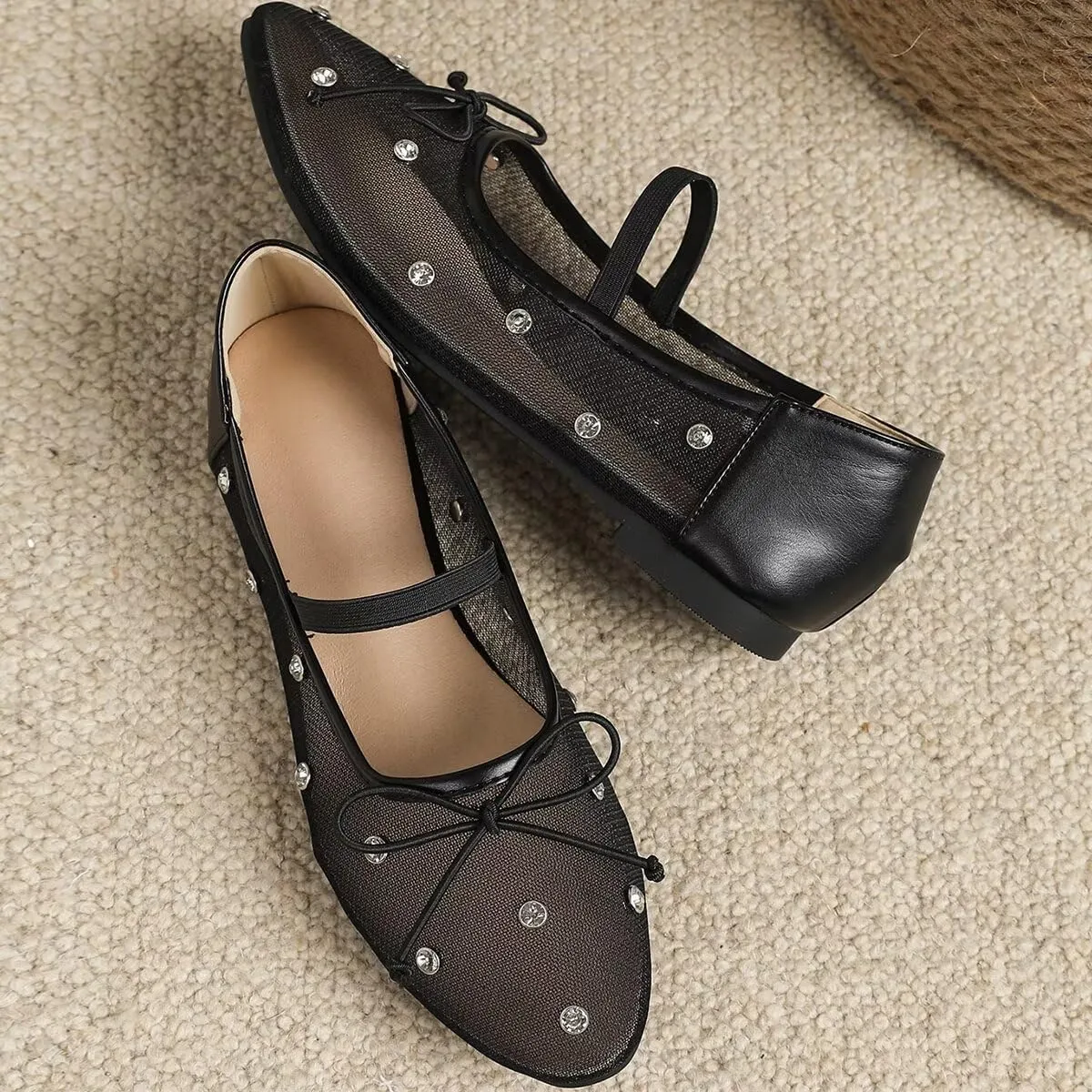 WENJIAZHIZHI Mesh Ballet Flats for Women Buckle Strap Comfy Breathable Shoes Casual Ballerina Shoes