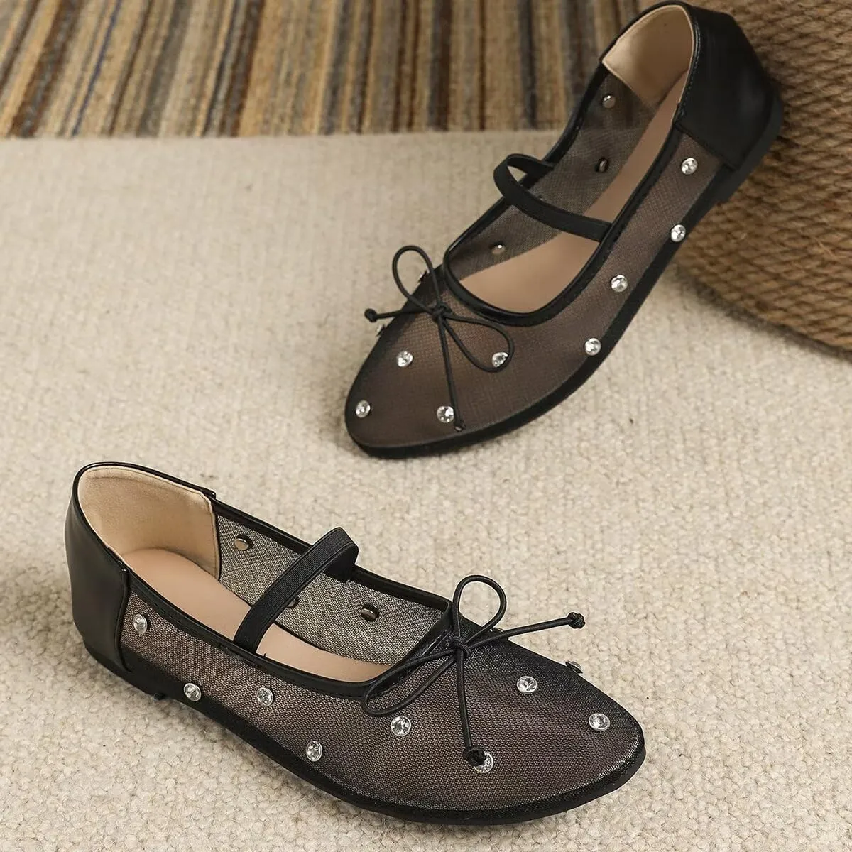 WENJIAZHIZHI Mesh Ballet Flats for Women Buckle Strap Comfy Breathable Shoes Casual Ballerina Shoes