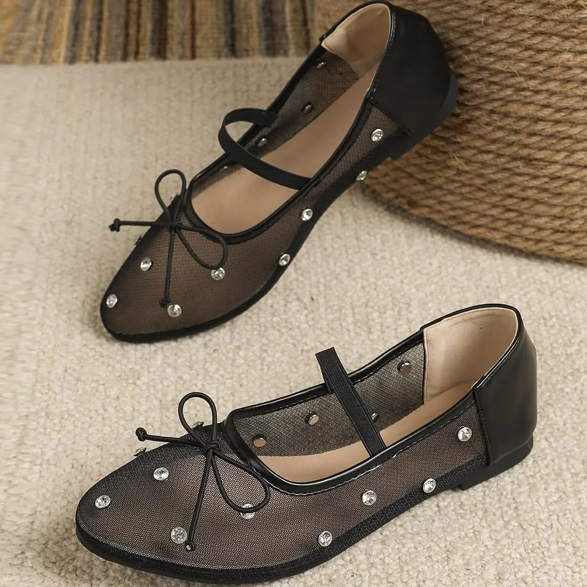 WENJIAZHIZHI Mesh Ballet Flats for Women Buckle Strap Comfy Breathable Shoes Casual Ballerina Shoes