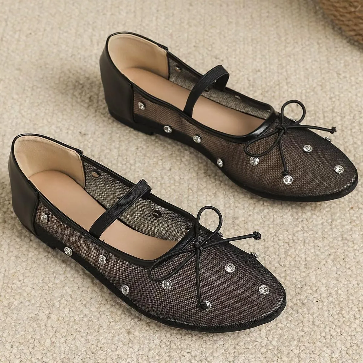 WENJIAZHIZHI Mesh Ballet Flats for Women Buckle Strap Comfy Breathable Shoes Casual Ballerina Shoes