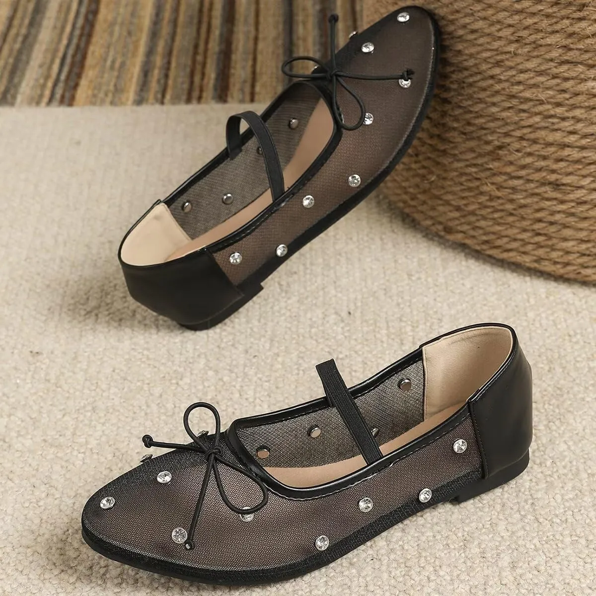 WENJIAZHIZHI Mesh Ballet Flats for Women Buckle Strap Comfy Breathable Shoes Casual Ballerina Shoes