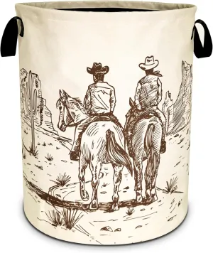 Western Cowboy Laundry Basket Desert Horse Foldable Oxford Cloth Funny Tote Bag Laundry Hamper Clothes Storage Bucket Organizer For Bathroom/Laundry Storage/Bedroom 18.9x16.5 Inch