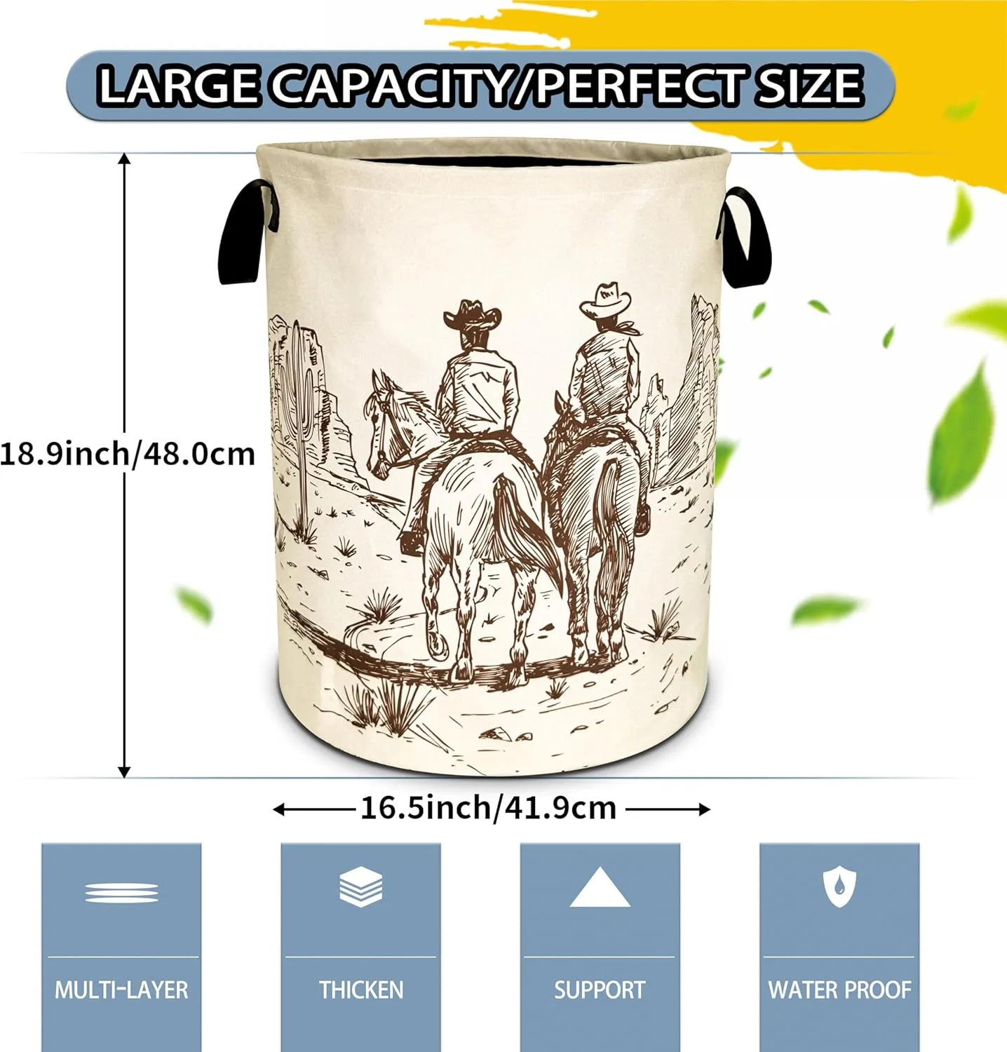 Western Cowboy Laundry Basket Desert Horse Foldable Oxford Cloth Funny Tote Bag Laundry Hamper Clothes Storage Bucket Organizer For Bathroom/Laundry Storage/Bedroom 18.9x16.5 Inch