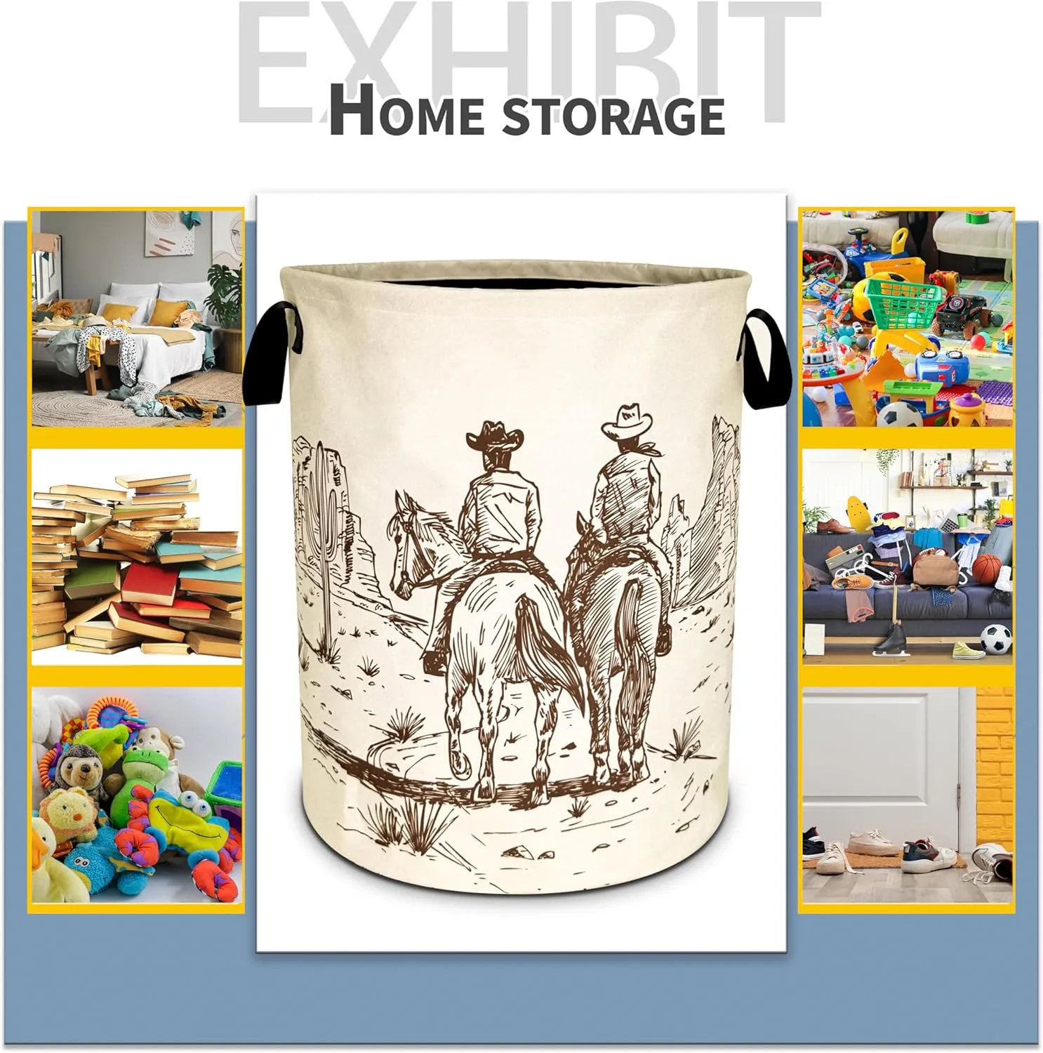 Western Cowboy Laundry Basket Desert Horse Foldable Oxford Cloth Funny Tote Bag Laundry Hamper Clothes Storage Bucket Organizer For Bathroom/Laundry Storage/Bedroom 18.9x16.5 Inch