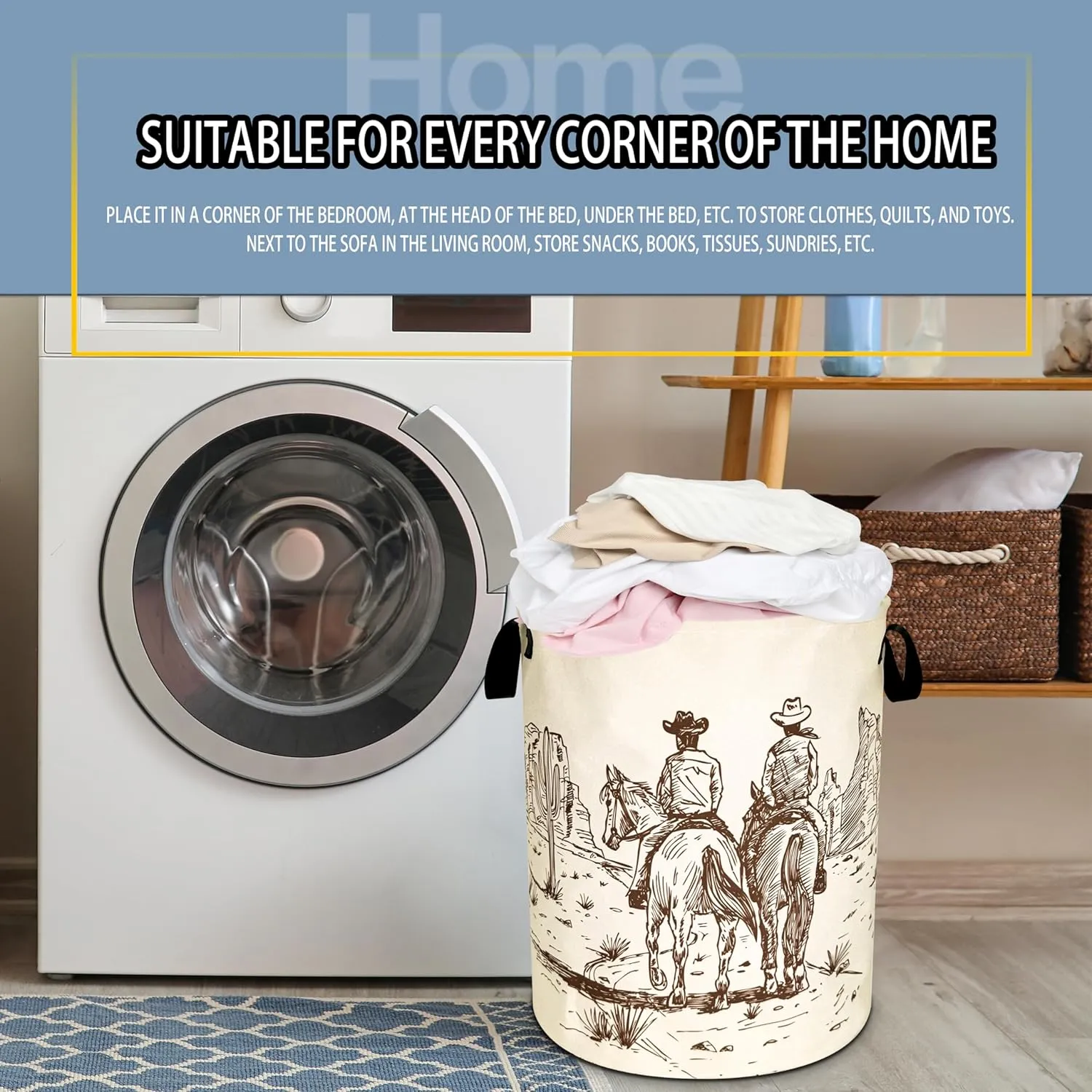 Western Cowboy Laundry Basket Desert Horse Foldable Oxford Cloth Funny Tote Bag Laundry Hamper Clothes Storage Bucket Organizer For Bathroom/Laundry Storage/Bedroom 18.9x16.5 Inch