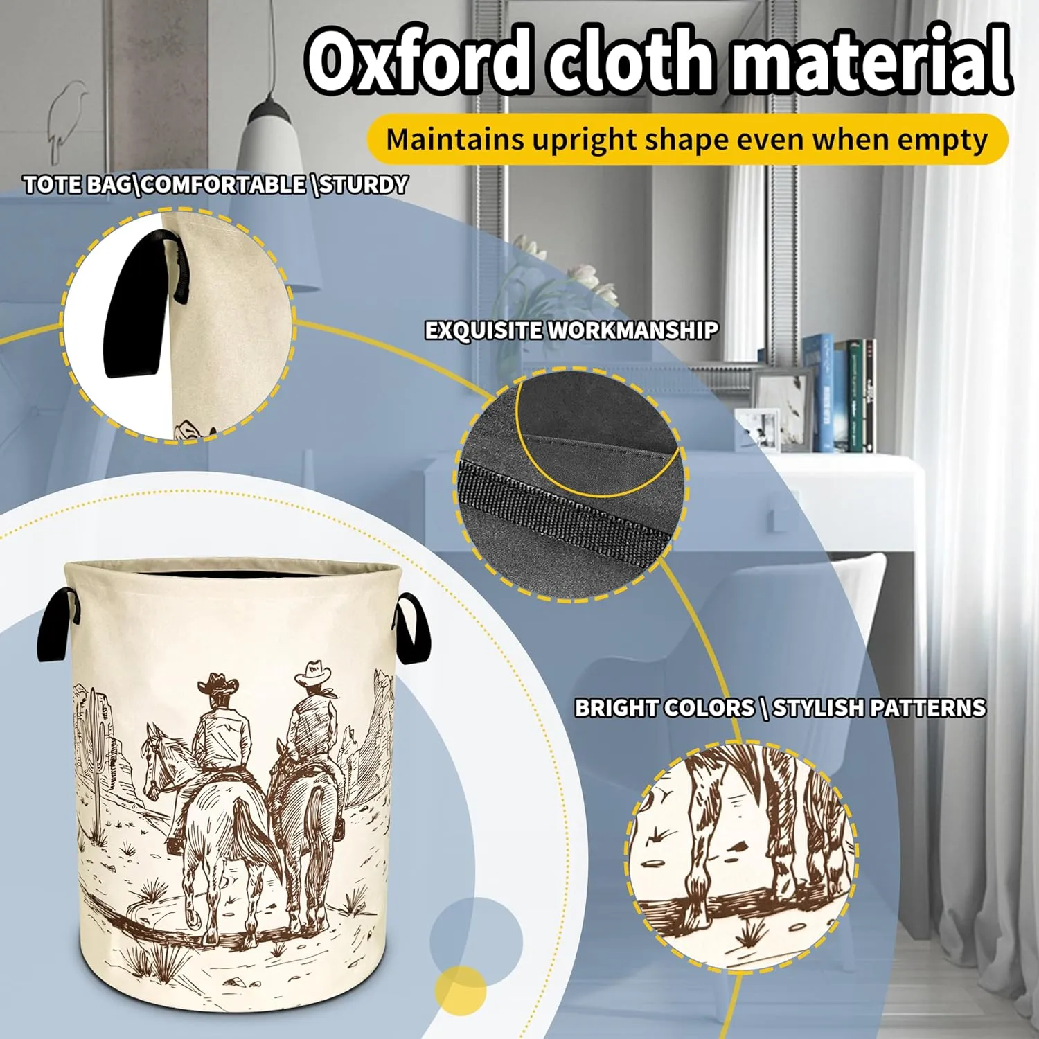 Western Cowboy Laundry Basket Desert Horse Foldable Oxford Cloth Funny Tote Bag Laundry Hamper Clothes Storage Bucket Organizer For Bathroom/Laundry Storage/Bedroom 18.9x16.5 Inch