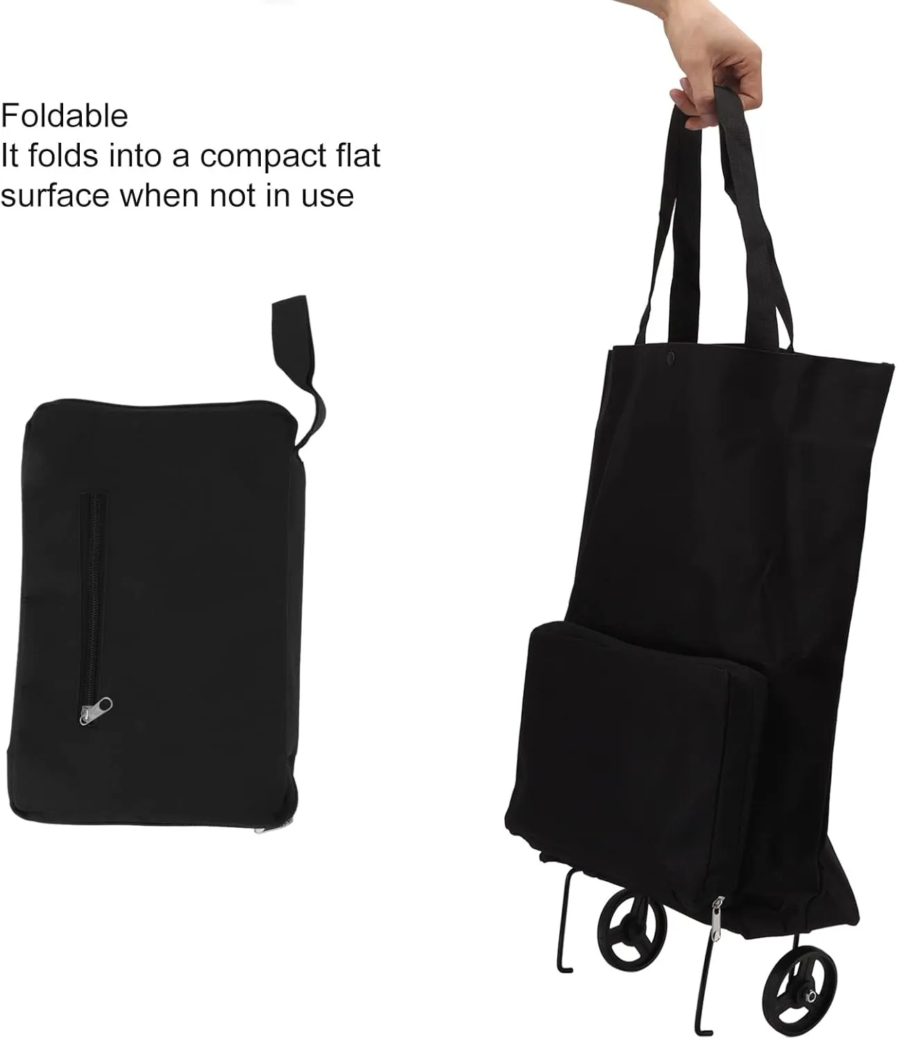 Wheeled Shopping Bag Large Capacity Foldable Fabric Shopping Cart for Family Grocery Canvas (Black)