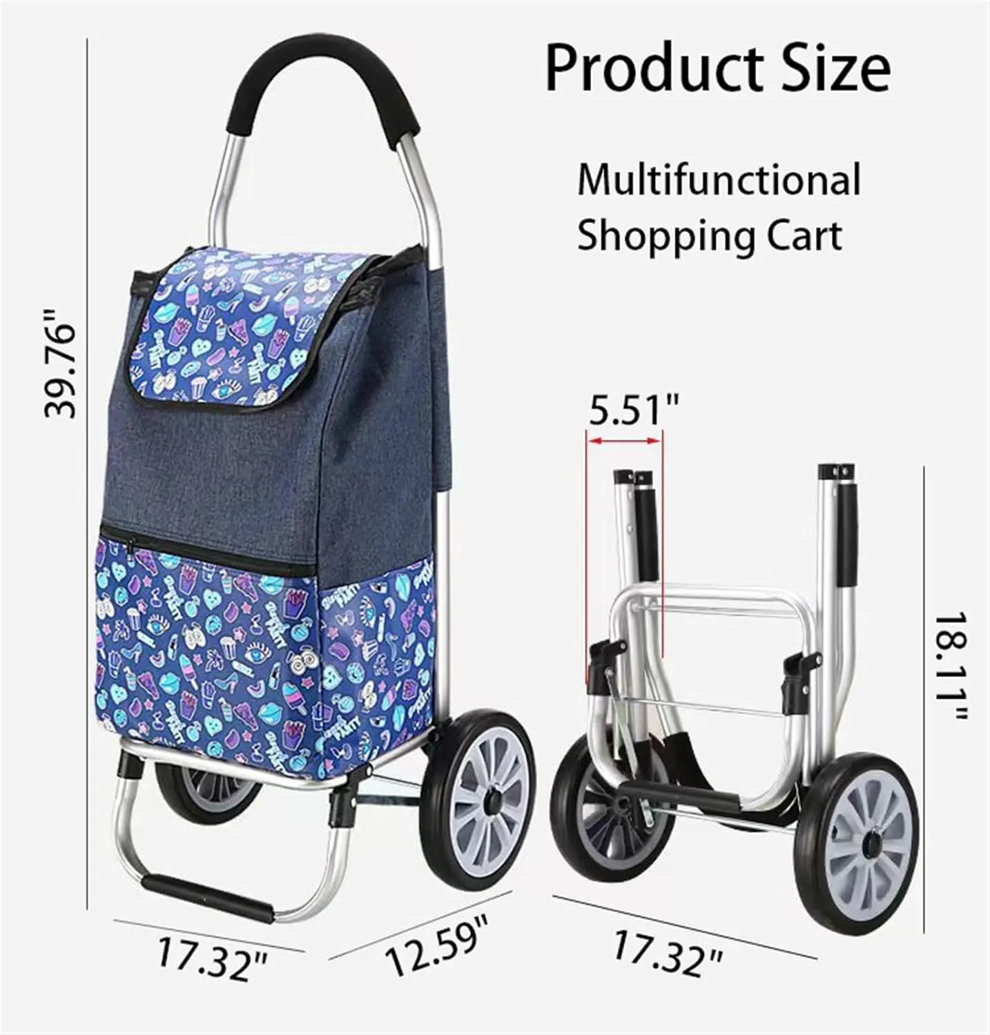Wheeled Shopping Trolley Cart, Foldable Extended Handle Stair Climbing Wheels Removable Waterproof Bag for Shopping for The Elderly(Dark Blue)