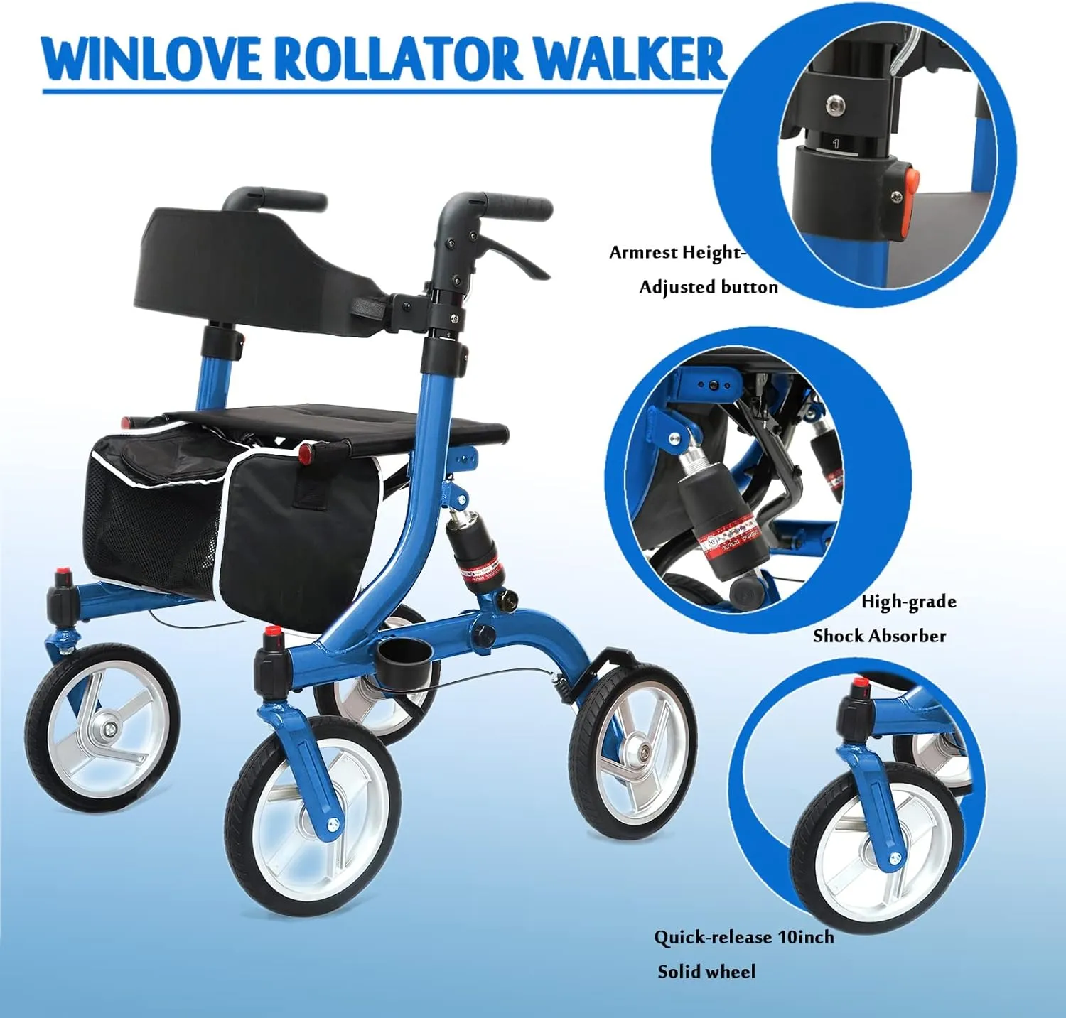 Winlove Rollator Walkers for Seniors-Folding Rollator with Seat and 10-inch All Terrain Wheels-Medical Rolling Walker Aluminium Frame with Suspension Spring and Thick Seat-Lightweight,Blue