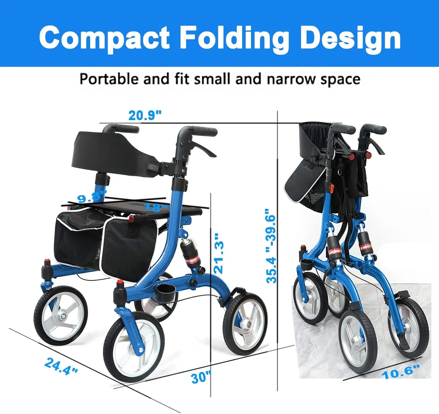 Winlove Rollator Walkers for Seniors-Folding Rollator with Seat and 10-inch All Terrain Wheels-Medical Rolling Walker Aluminium Frame with Suspension Spring and Thick Seat-Lightweight,Blue