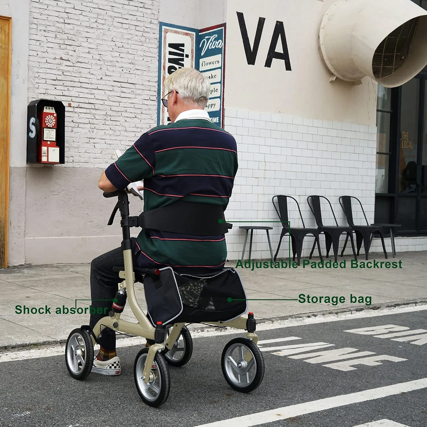 Winlove Rollator Walkers for Seniors-Folding Rollator with Seat and 10-inch All Terrain Wheels-Medical Rolling Walker Aluminium Frame with Suspension Spring and Thick Seat-Lightweight,Champagne