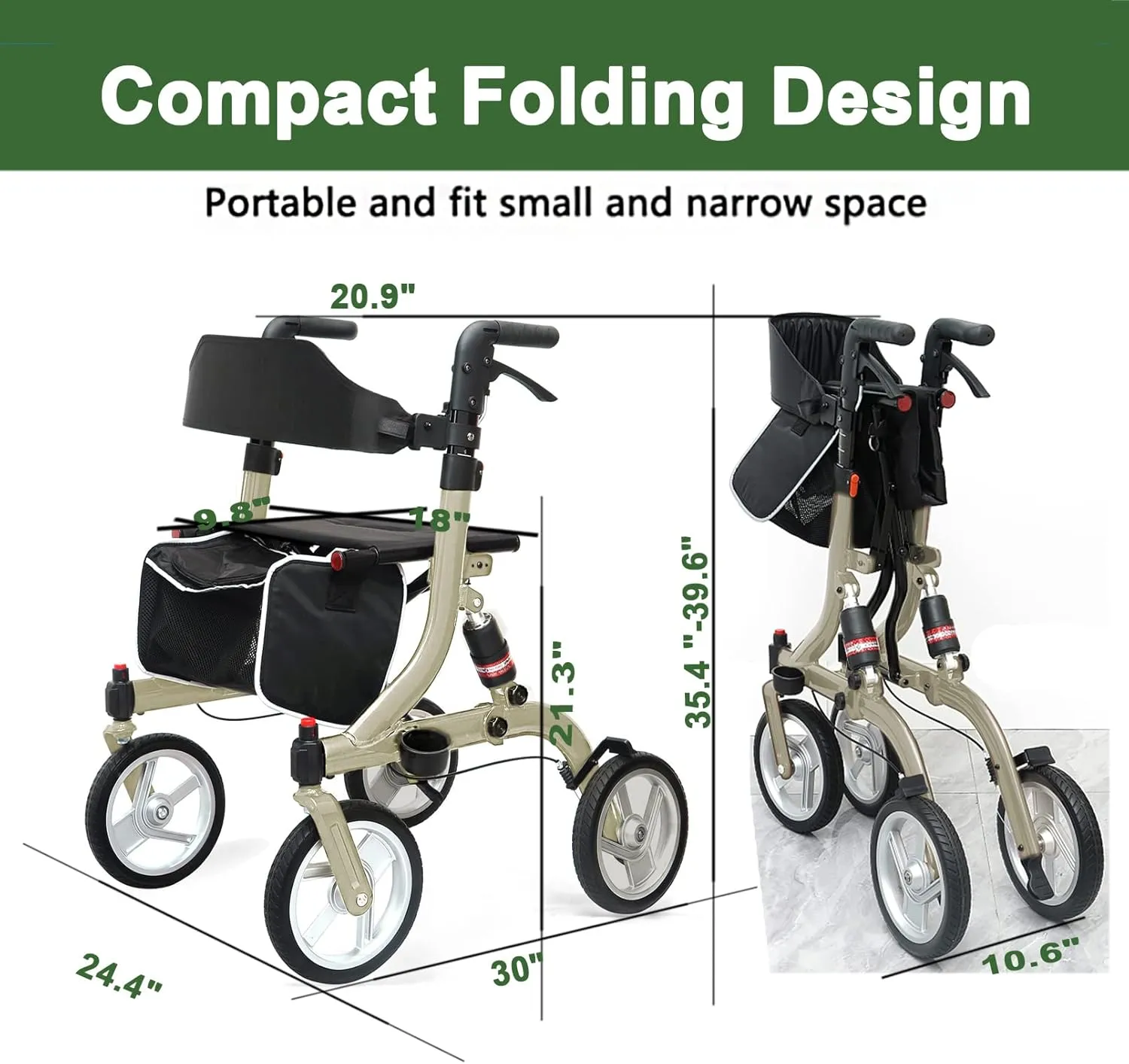 Winlove Rollator Walkers for Seniors-Folding Rollator with Seat and 10-inch All Terrain Wheels-Medical Rolling Walker Aluminium Frame with Suspension Spring and Thick Seat-Lightweight,Champagne