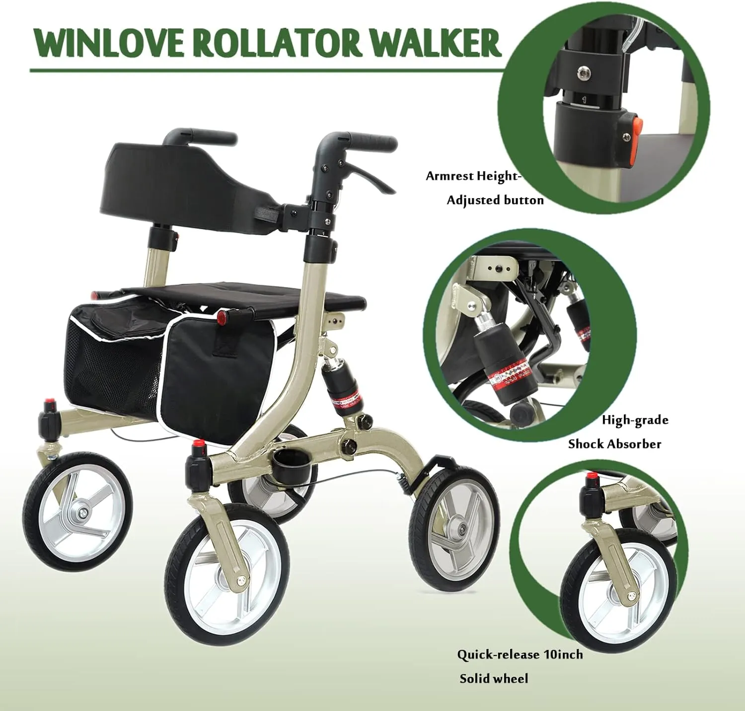 Winlove Rollator Walkers for Seniors-Folding Rollator with Seat and 10-inch All Terrain Wheels-Medical Rolling Walker Aluminium Frame with Suspension Spring and Thick Seat-Lightweight,Champagne
