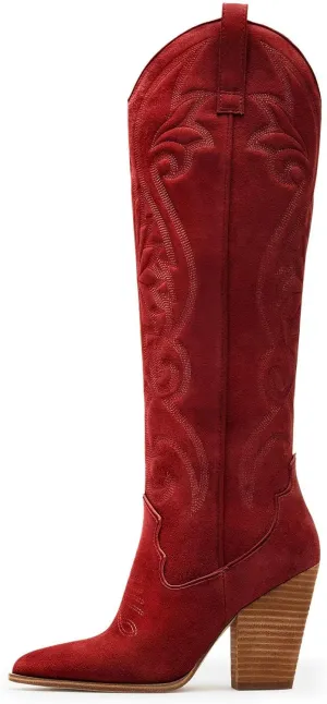 WIRALOMI Women Western Knee High Boots Embroidered Chunky Block Heel Cowboy Boots Pointed Toe Pull on Cowgirl Boots