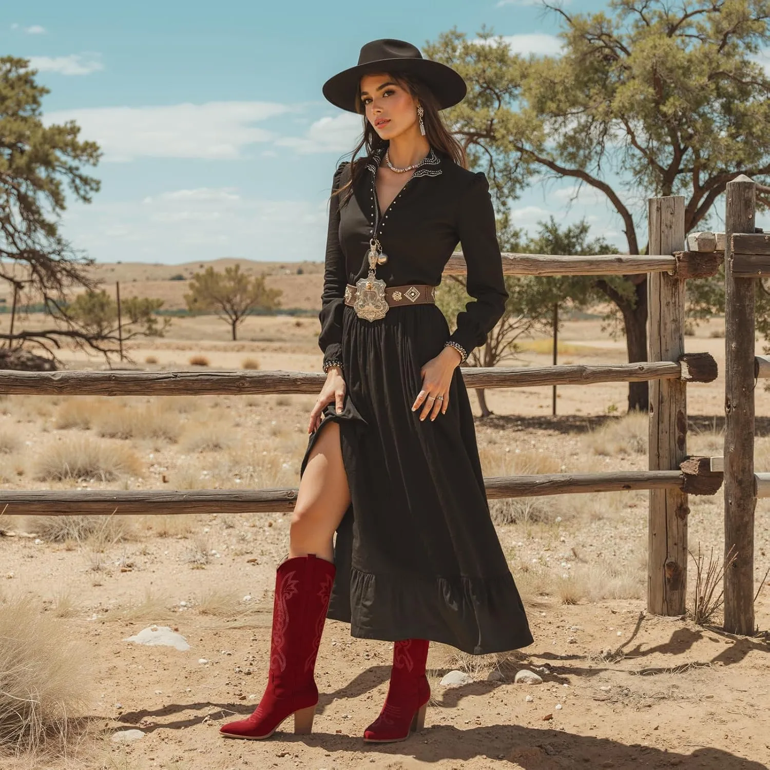 WIRALOMI Women Western Knee High Boots Embroidered Chunky Block Heel Cowboy Boots Pointed Toe Pull on Cowgirl Boots