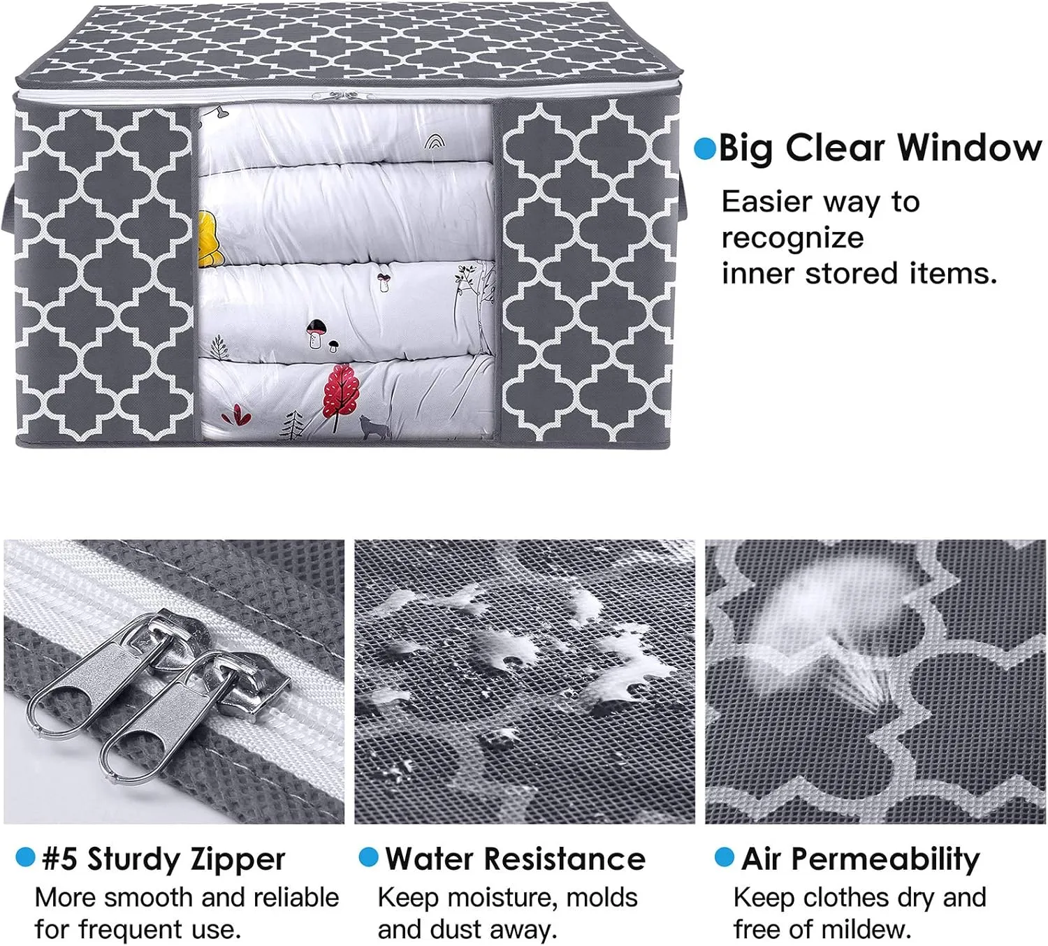 WISELIFE Storage Bags, Large Blanket Clothes Organization and Storage Containers for Bedding, Comforters, Foldable Organizer with Reinforced Handle, Clear Window,Sturdy Zippers,(Grey, 8 x 100L)