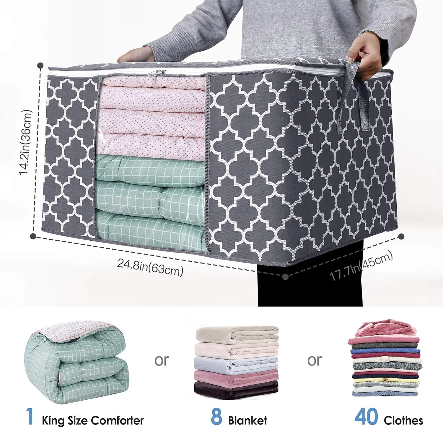 WISELIFE Storage Bags, Large Blanket Clothes Organization and Storage Containers for Bedding, Comforters, Foldable Organizer with Reinforced Handle, Clear Window,Sturdy Zippers,(Grey, 8 x 100L)