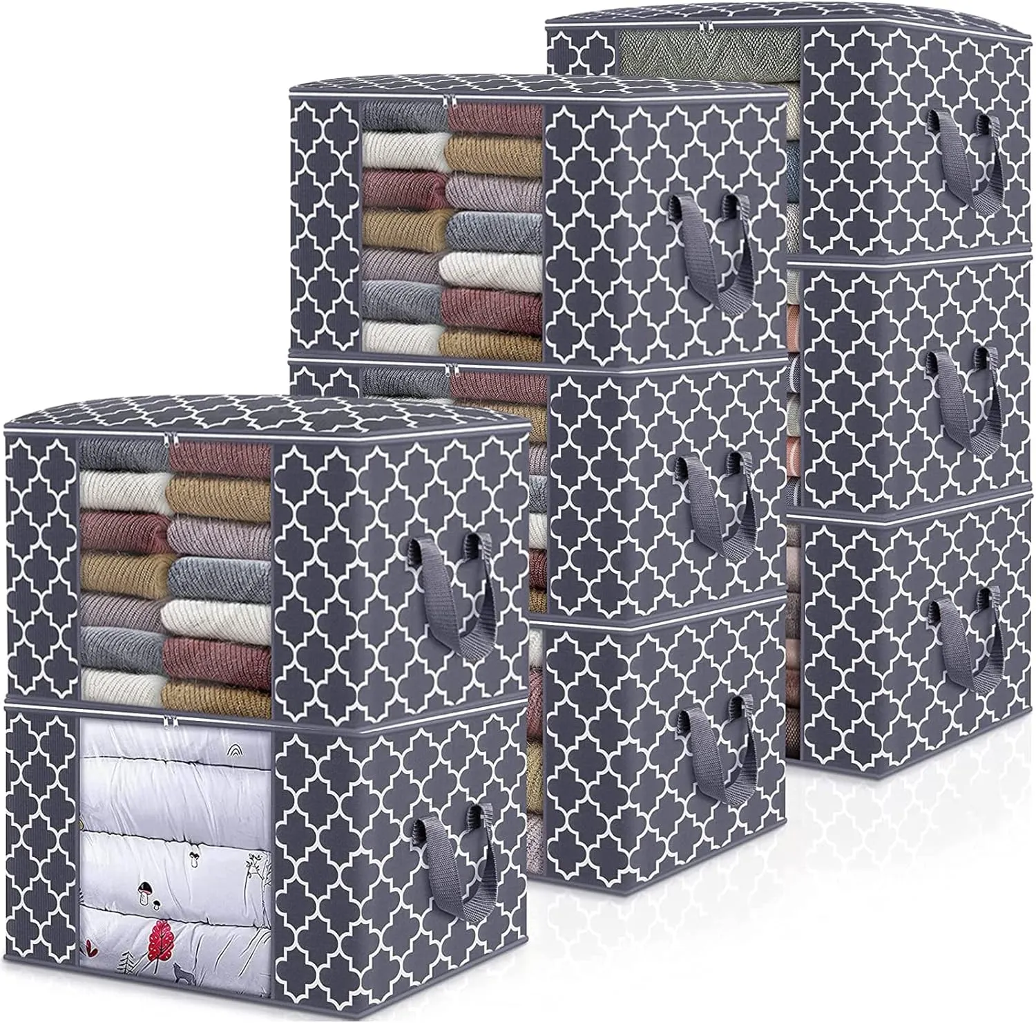 WISELIFE Storage Bags, Large Blanket Clothes Organization and Storage Containers for Bedding, Comforters, Foldable Organizer with Reinforced Handle, Clear Window,Sturdy Zippers,(Grey, 8 x 100L)