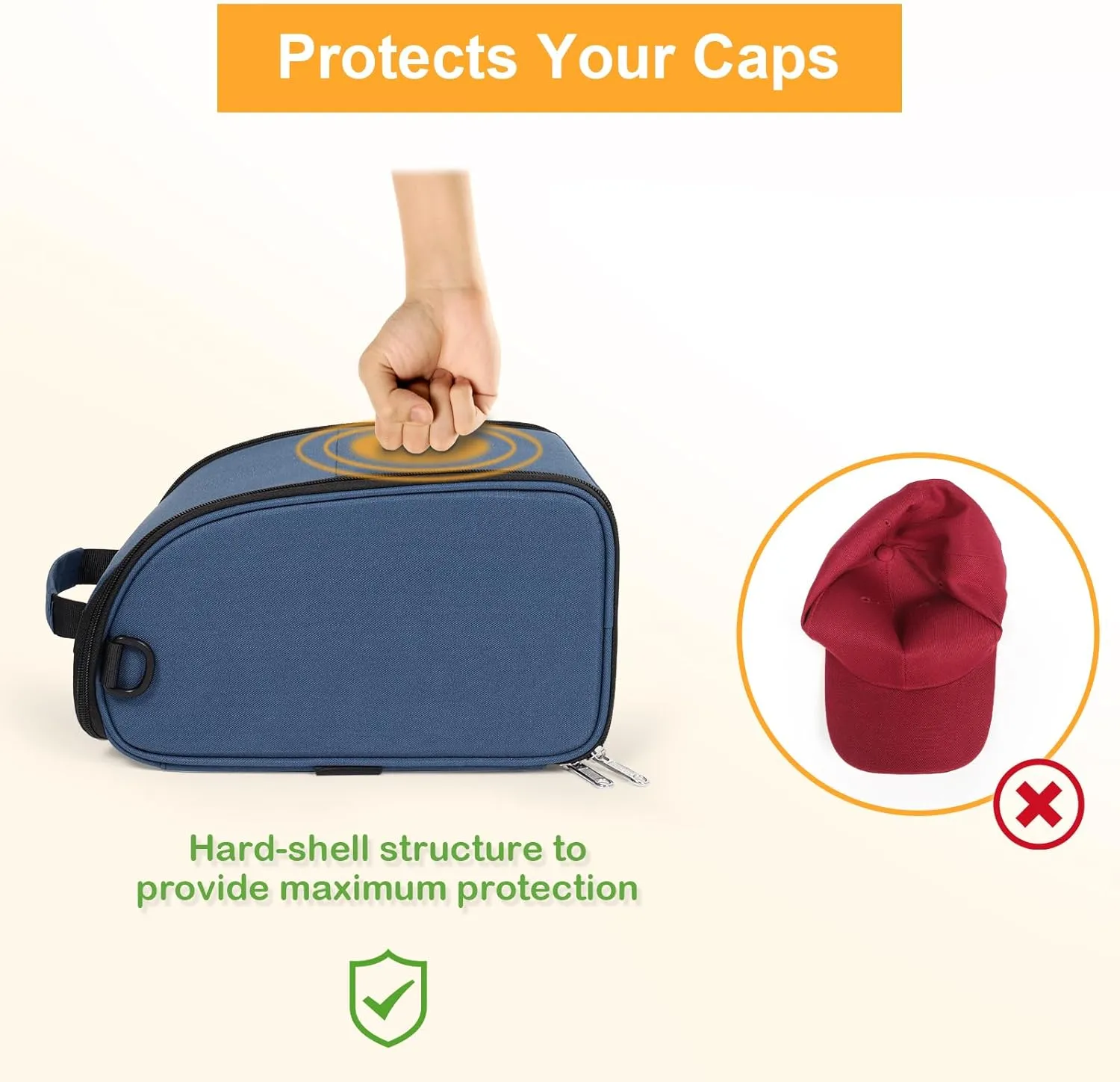WOMACO Hard Hat Travel Bag, Baseball Caps Carrier with Carring Handle & Shoulder Strap, Hard Shell Baseball Hats Organizer for Storage (Dark Blue, Medium)
