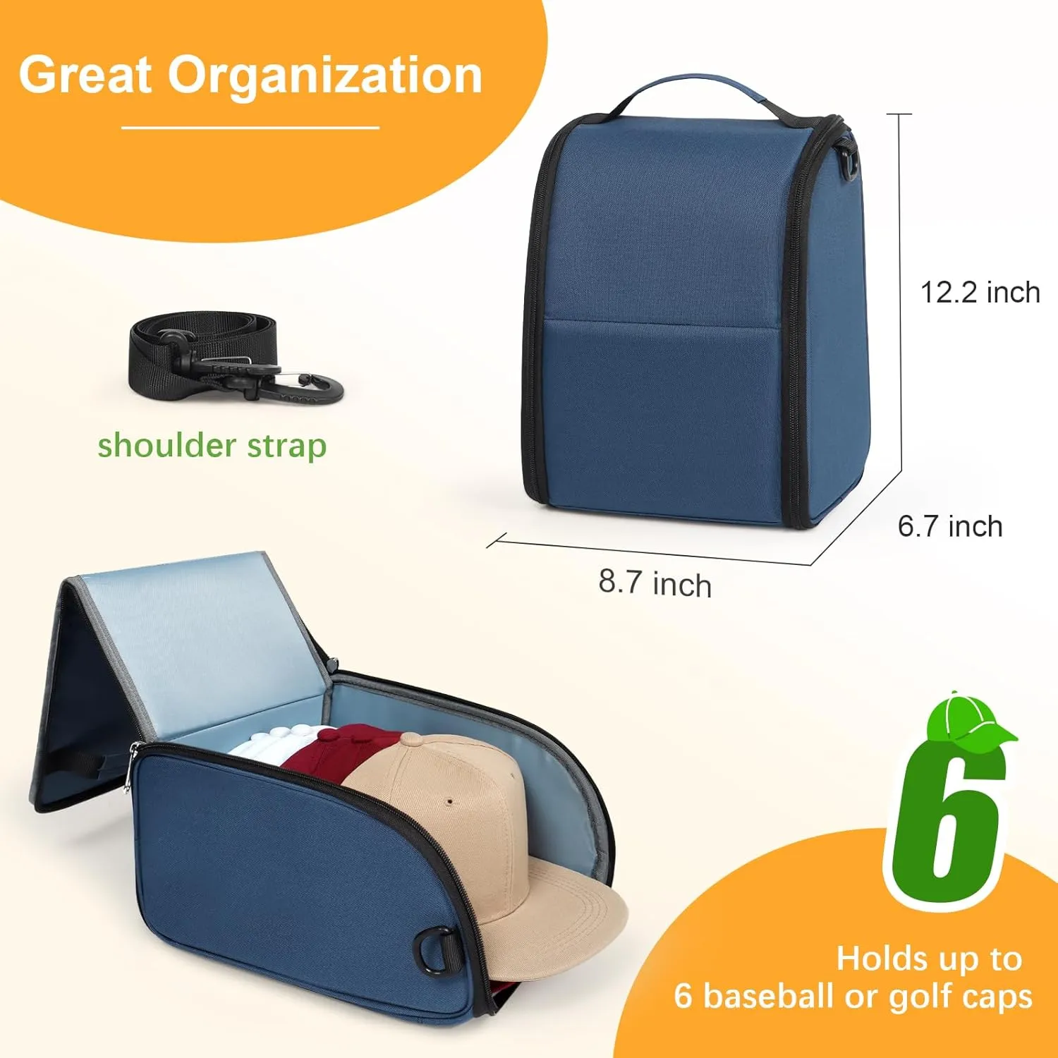 WOMACO Hard Hat Travel Bag, Baseball Caps Carrier with Carring Handle & Shoulder Strap, Hard Shell Baseball Hats Organizer for Storage (Dark Blue, Medium)