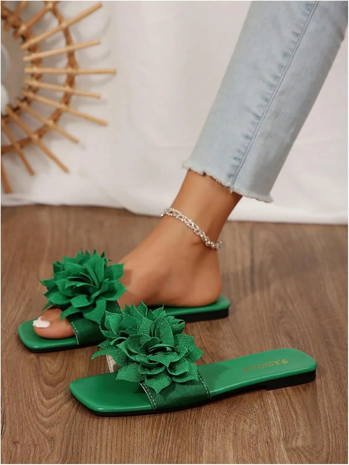 Women's 3D Floral Flat Sandals Dressy Square Open Toe Sandals Single Band Casual Slip on Slides