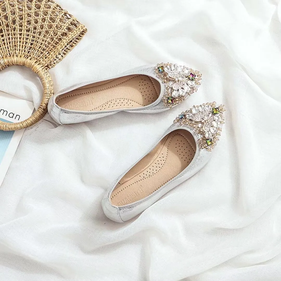 Womens Ballet Flats Foldable Rhinestone Pointed Toe Comfortable Slip on Wedding Flat Shoes Dress Flats for Women