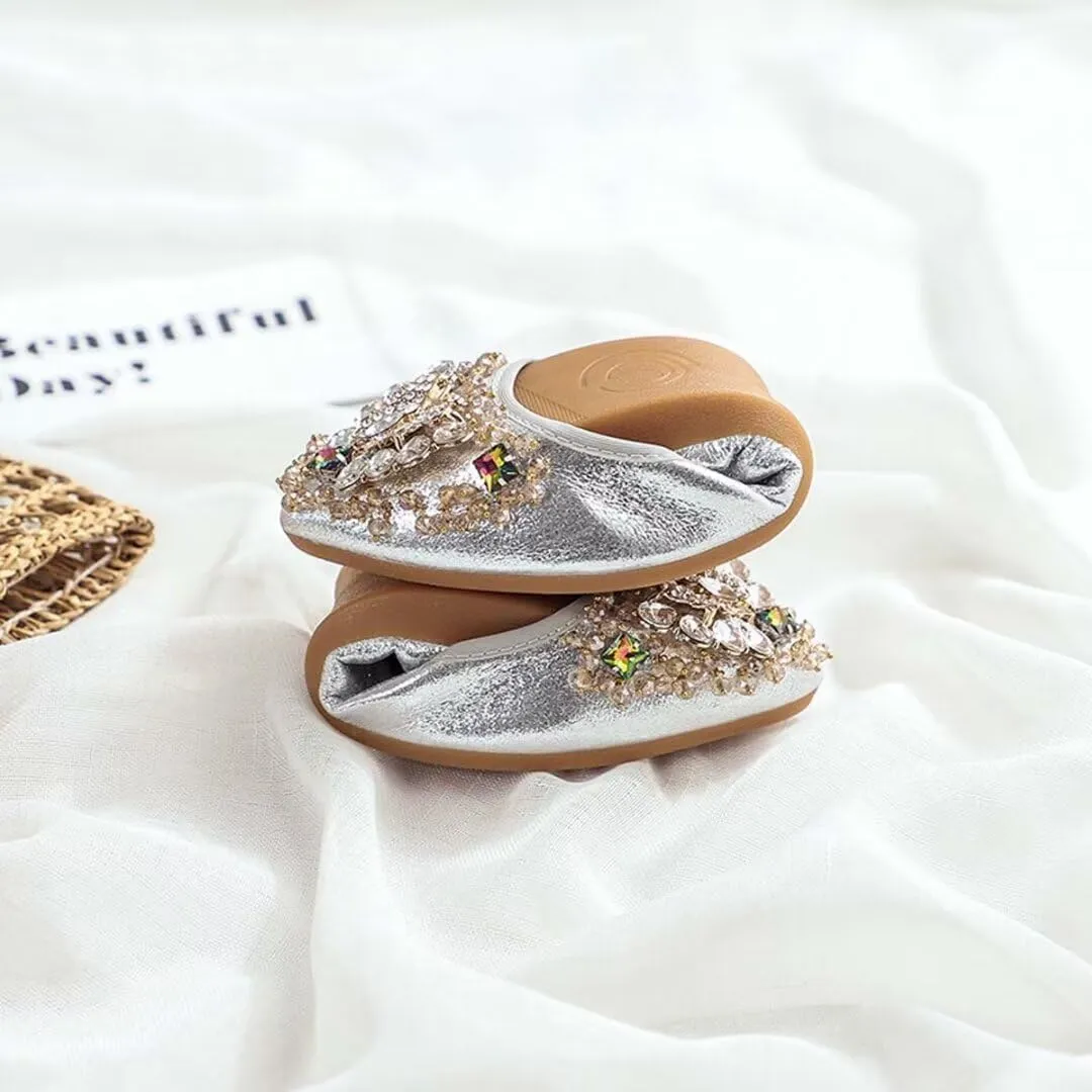 Womens Ballet Flats Foldable Rhinestone Pointed Toe Comfortable Slip on Wedding Flat Shoes Dress Flats for Women