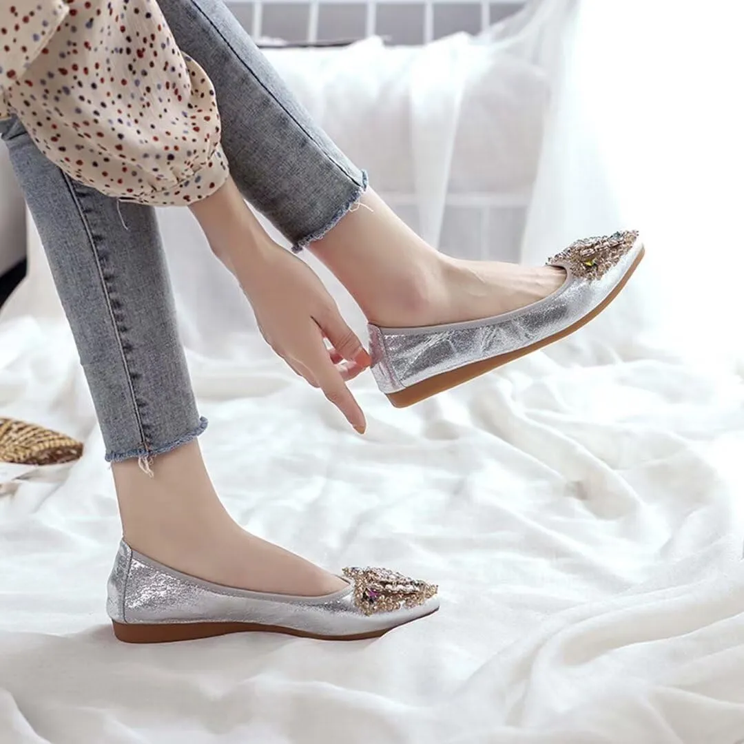 Womens Ballet Flats Foldable Rhinestone Pointed Toe Comfortable Slip on Wedding Flat Shoes Dress Flats for Women