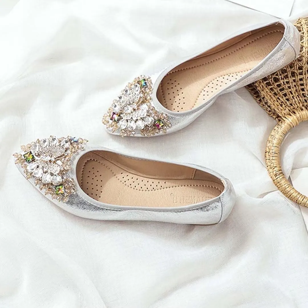 Womens Ballet Flats Foldable Rhinestone Pointed Toe Comfortable Slip on Wedding Flat Shoes Dress Flats for Women
