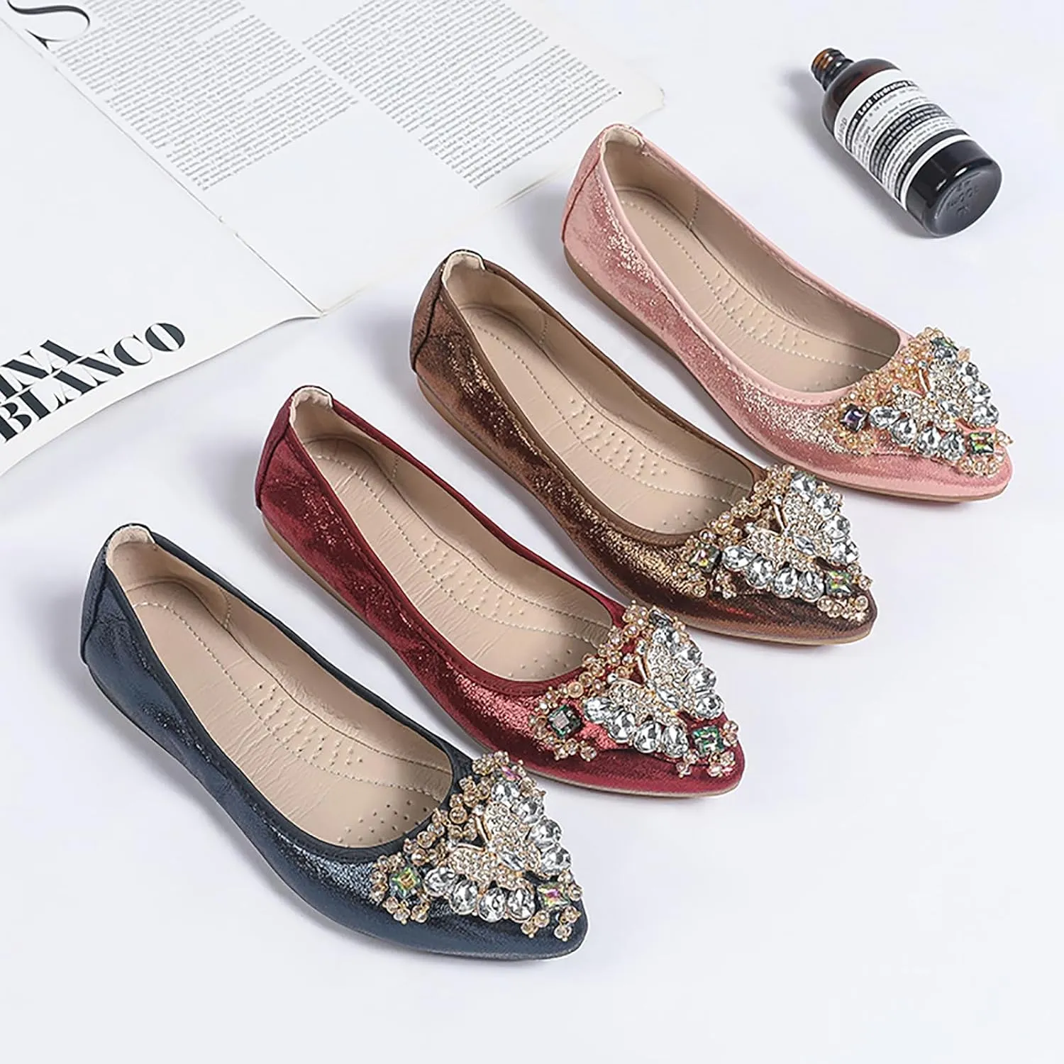 Women's Ballet Flats Rhinestones Wedding Ballerina Shoes Foldable Sparkly Comfort Slip on Flat Shoes