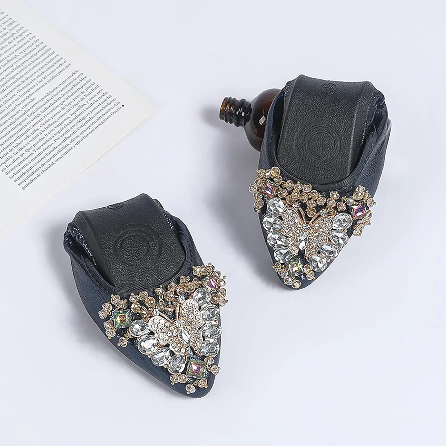 Women's Ballet Flats Rhinestones Wedding Ballerina Shoes Foldable Sparkly Comfort Slip on Flat Shoes