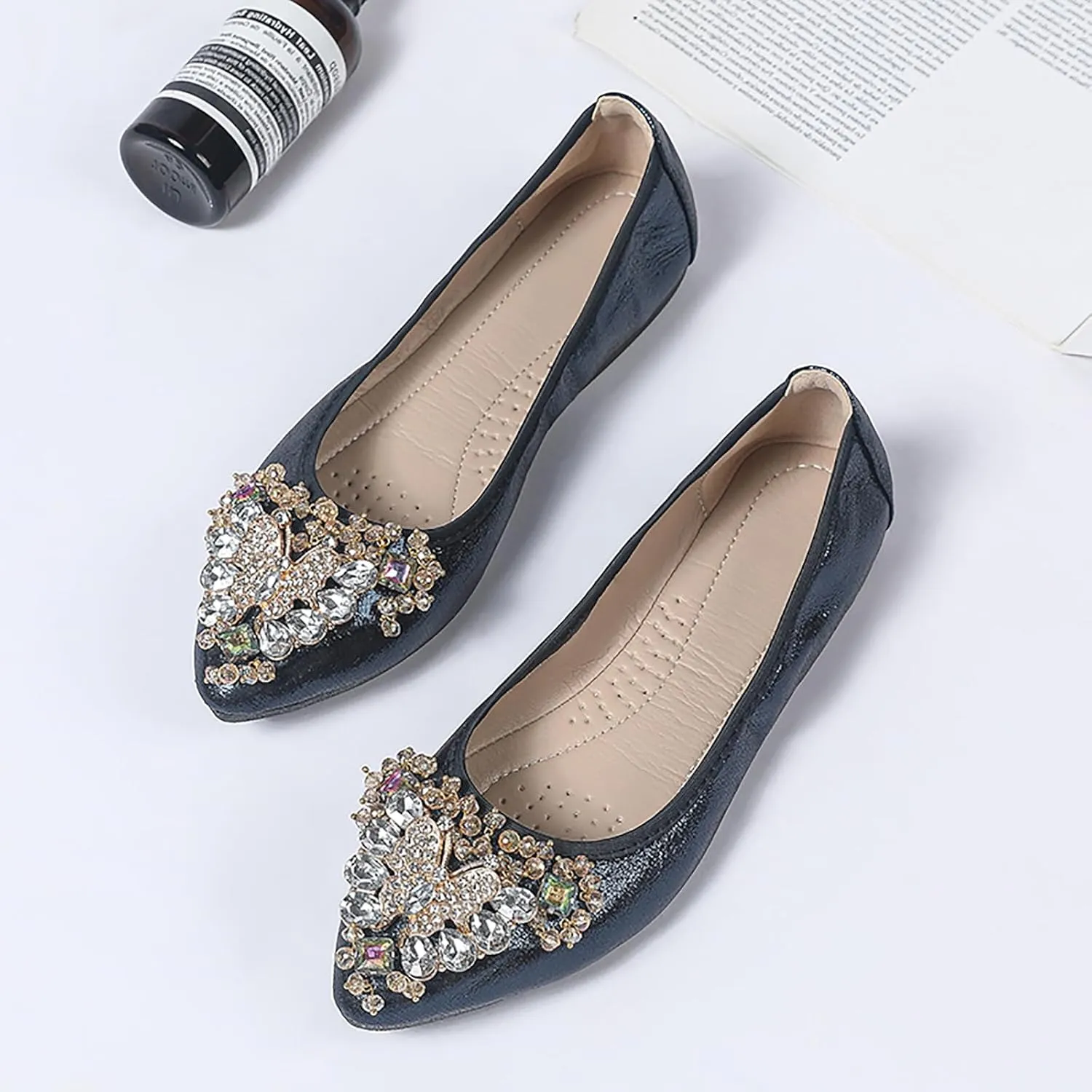 Women's Ballet Flats Rhinestones Wedding Ballerina Shoes Foldable Sparkly Comfort Slip on Flat Shoes