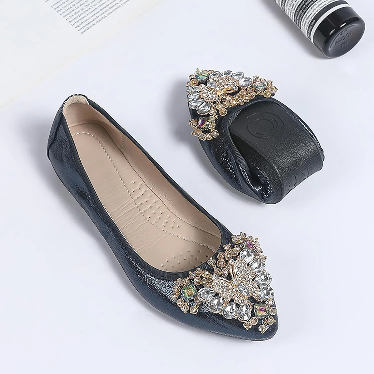 Women's Ballet Flats Rhinestones Wedding Ballerina Shoes Foldable Sparkly Comfort Slip on Flat Shoes