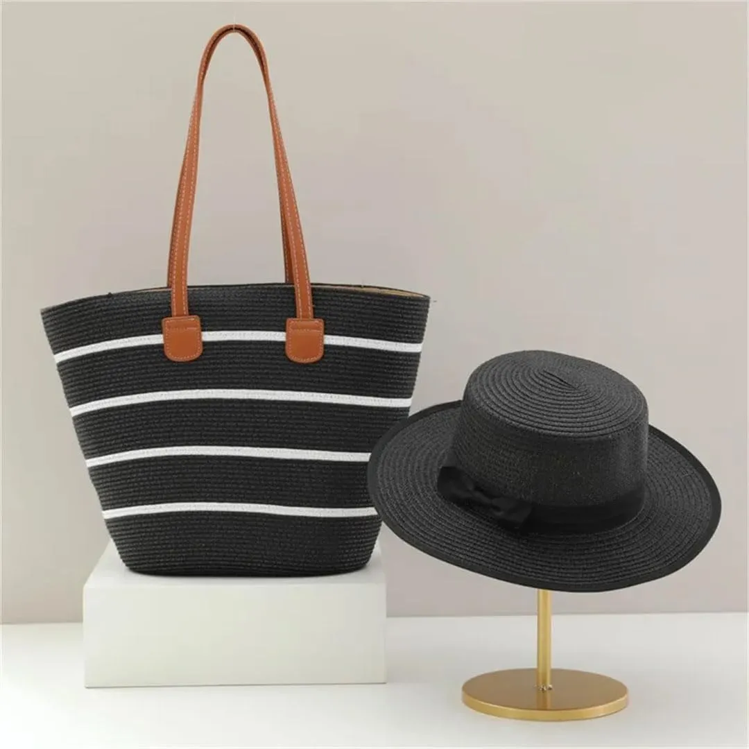 Women's Casual Straw Hat and Shoulder Bag Set Flat Top Wide Brim Summer Beach Accessories