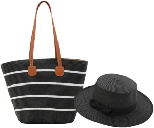 Women's Casual Straw Hat and Shoulder Bag Set Flat Top Wide Brim Summer Beach Accessories