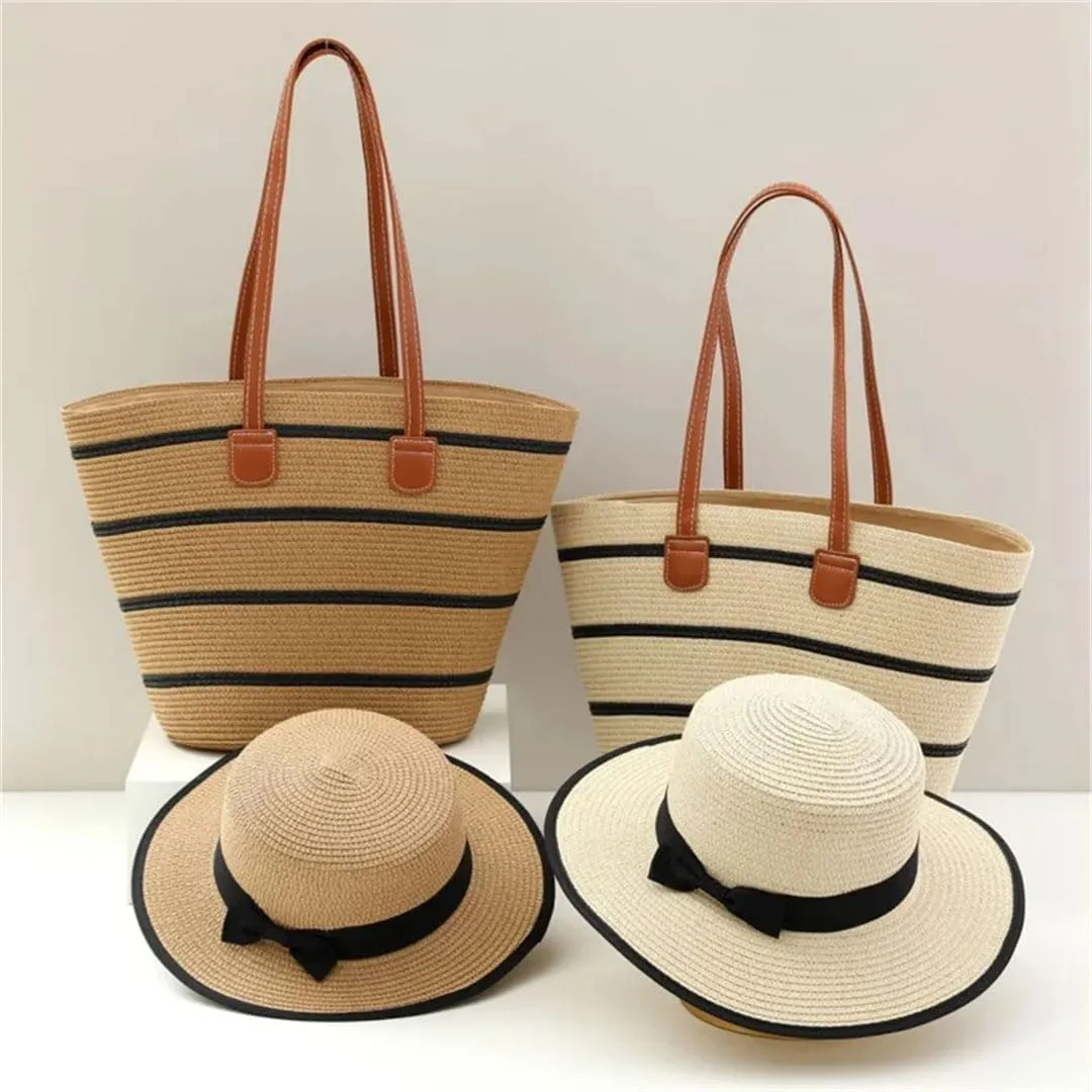 Women's Casual Straw Hat and Shoulder Bag Set Flat Top Wide Brim Summer Beach Accessories