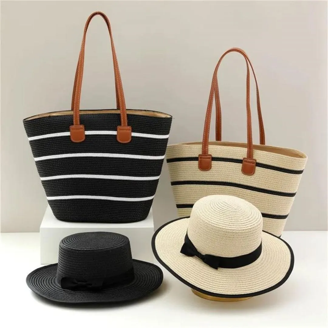 Women's Casual Straw Hat and Shoulder Bag Set Flat Top Wide Brim Summer Beach Accessories