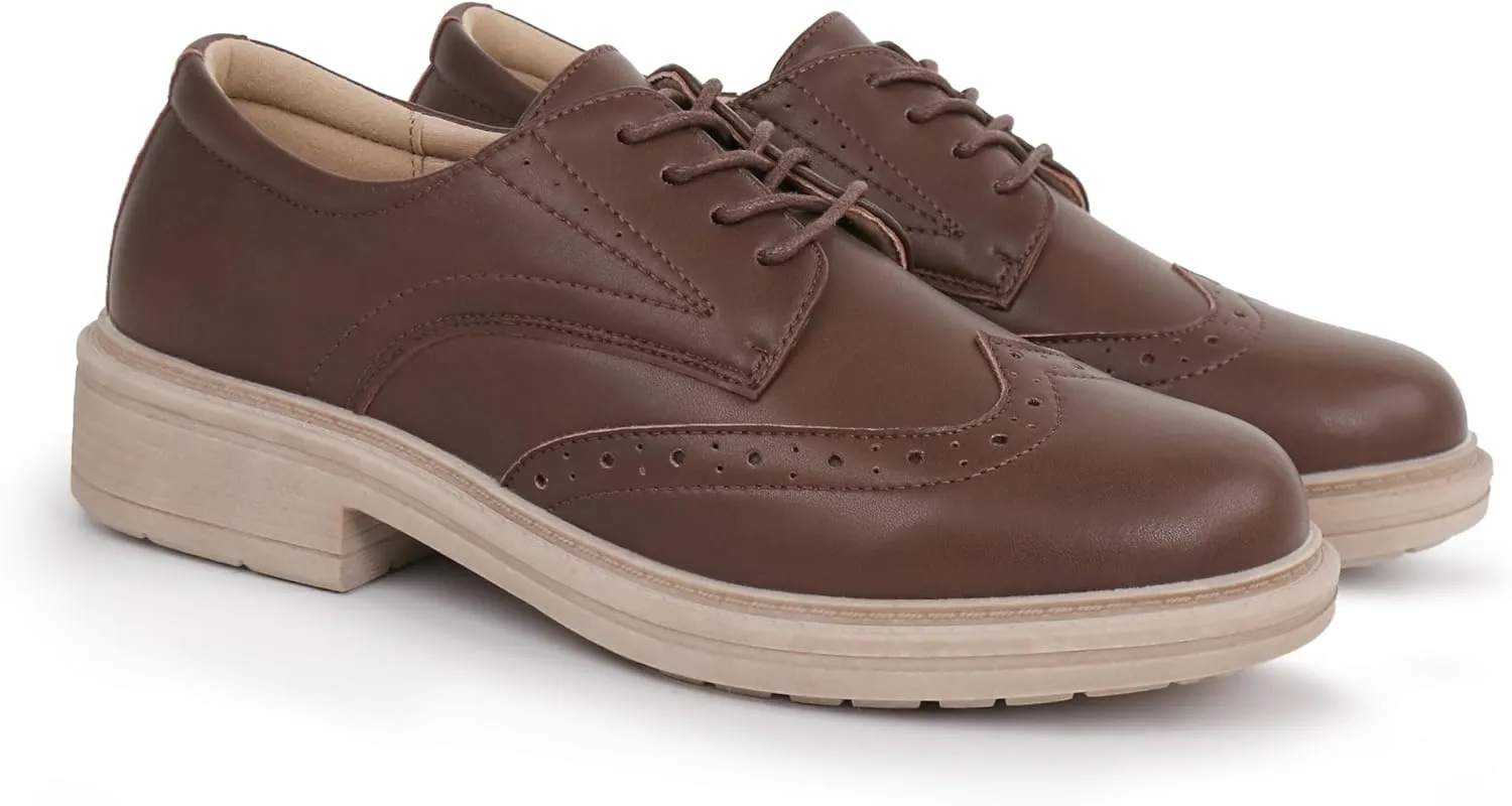 Women's Classic Oxford Flat Lace Up Business Formal Retro Wingtip Brogue Dress Shoes