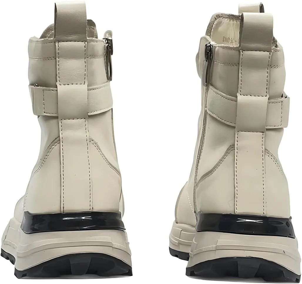 Women's Cowhide Leather Winter Mid Lace-Up Boot Waterproof Platform Anti-Slip Combat Boot Warm Fur Lined Boot Snow Ankle Booties with Padded Collar