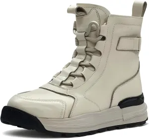 Women's Cowhide Leather Winter Mid Lace-Up Boot Waterproof Platform Anti-Slip Combat Boot Warm Fur Lined Boot Snow Ankle Booties with Padded Collar