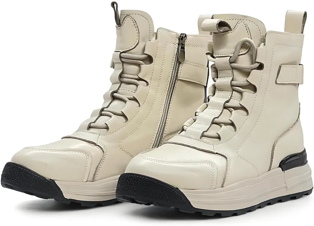 Women's Cowhide Leather Winter Mid Lace-Up Boot Waterproof Platform Anti-Slip Combat Boot Warm Fur Lined Boot Snow Ankle Booties with Padded Collar